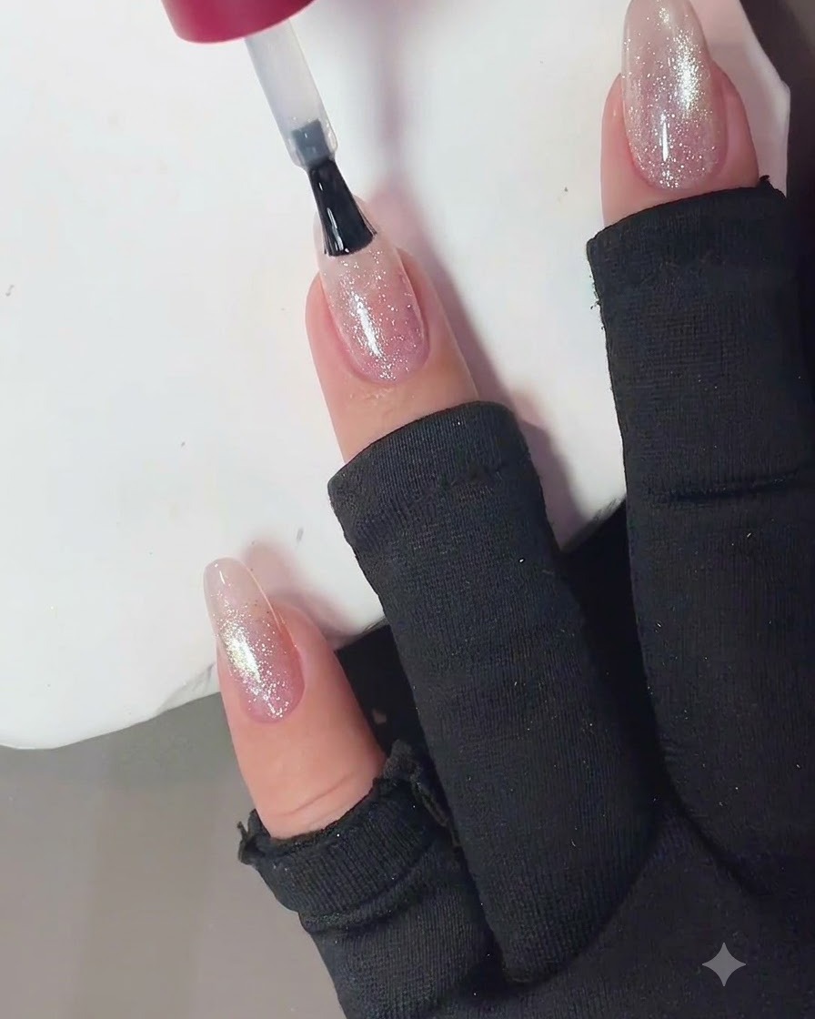 A nail brush applying a shiny no-wipe top coat onto a finished pink crushed diamond cat eye nail.