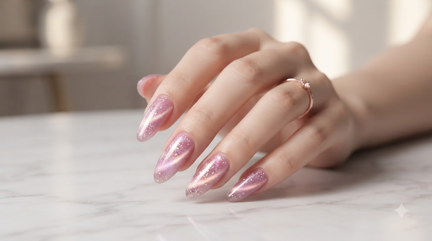 Pink Crushed Diamond Cat Eye Nails — Step-by-Step Gel Tutorial