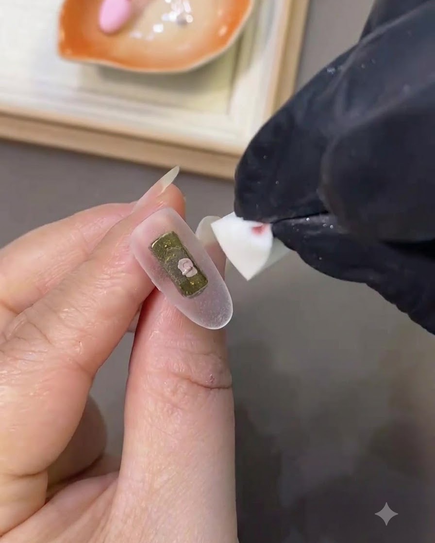A nail brush applying a smooth coat of milky white gel polish onto the surface of a prepped nail.