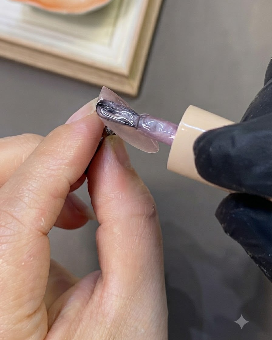 A magnet hovering over a nail to disperse cat-eye particles into a wide highlight.