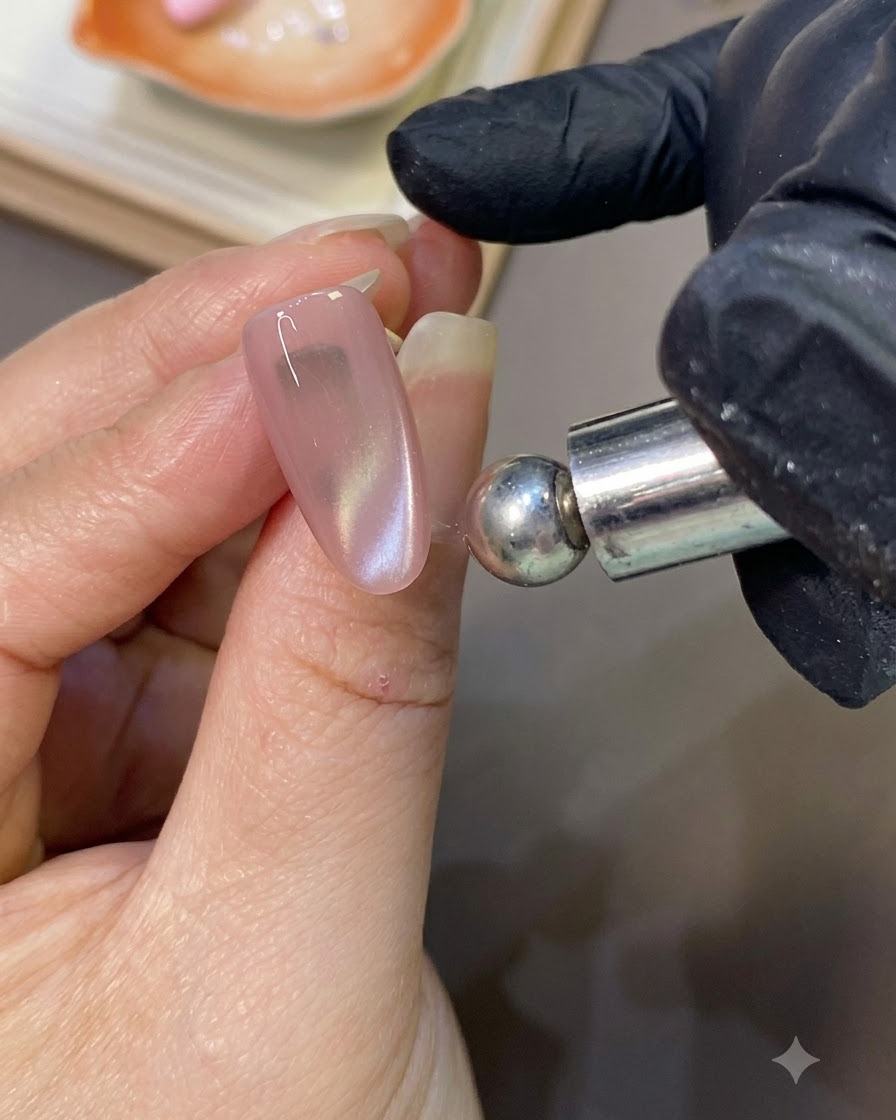 A spherical magnet tool shaping a concentrated cat-eye bead highlight on a pink gel nail.