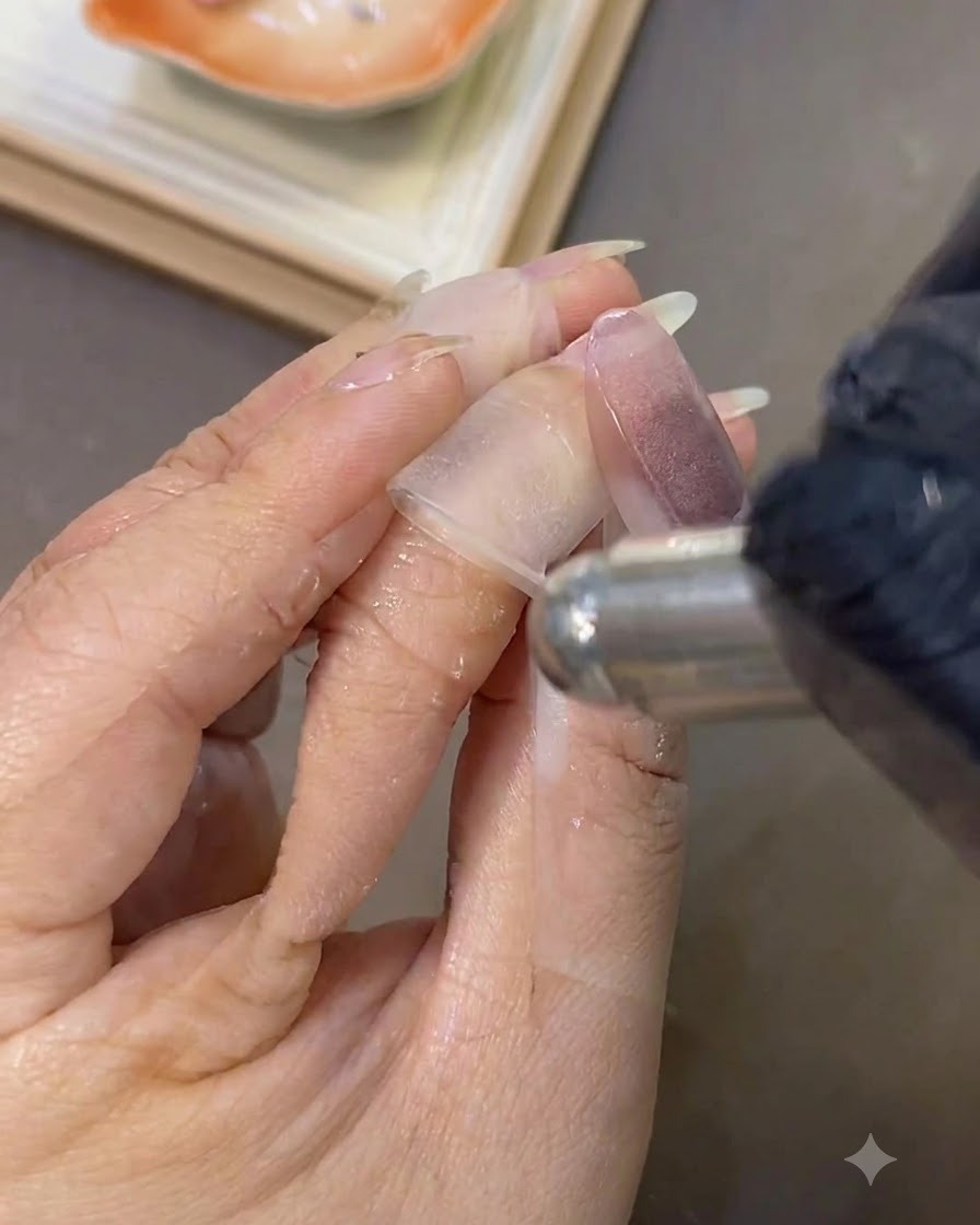 A gloved hand using a cleanser-soaked wipe on a finished cat-eye nail surface.
