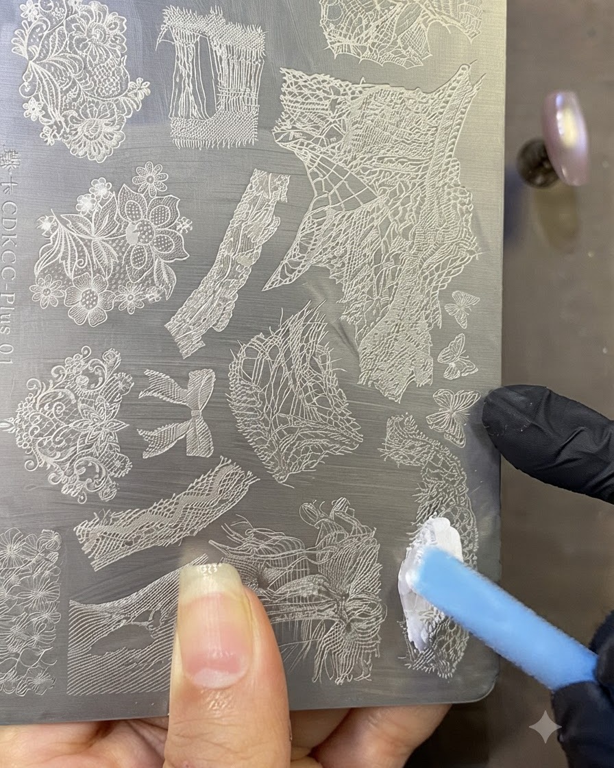 A gloved hand holding a scraper card at an angle over a metal stamping plate filled with white polish.