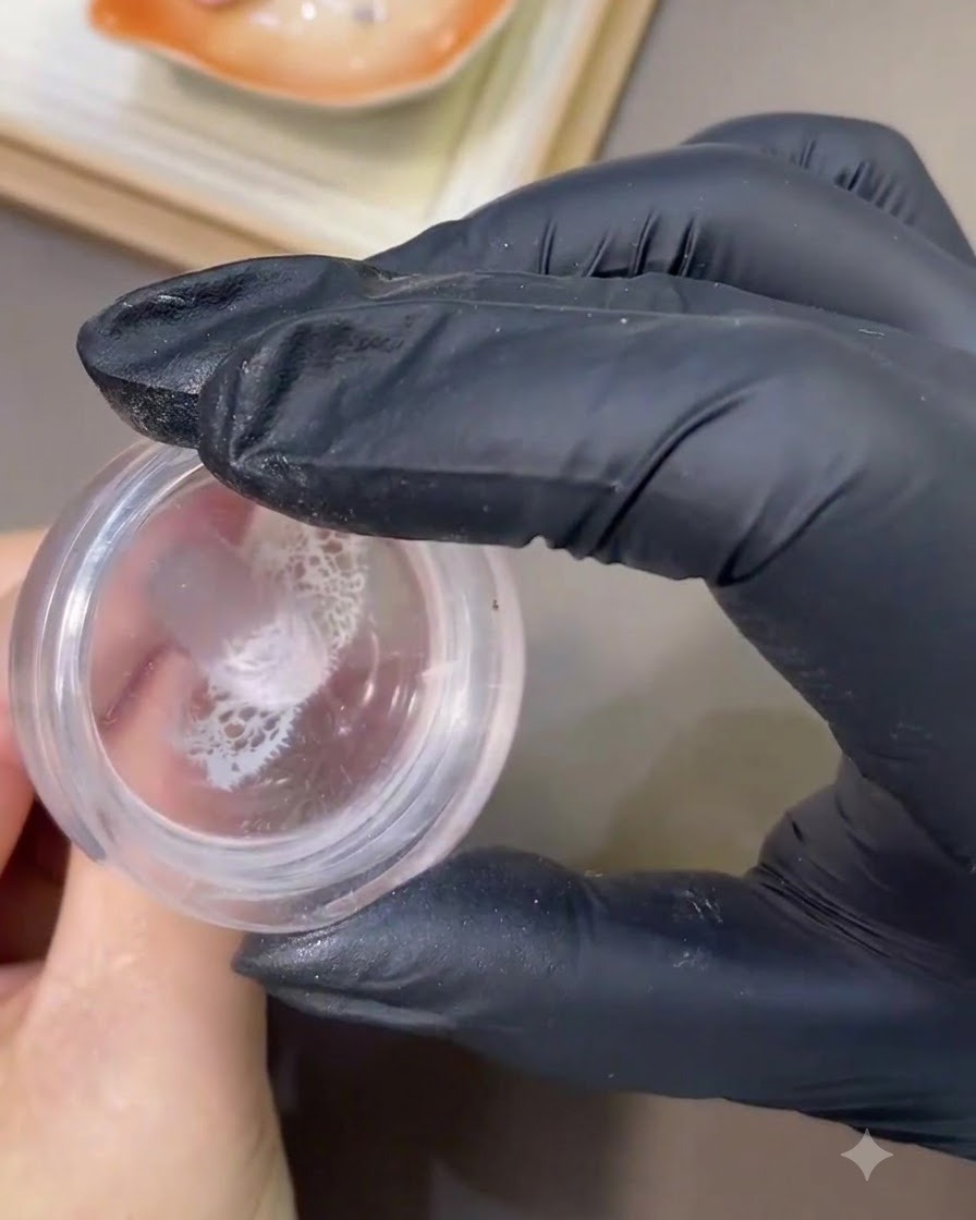A clear silicone stamper holding a white lace pattern being pressed onto a decorated nail surface.