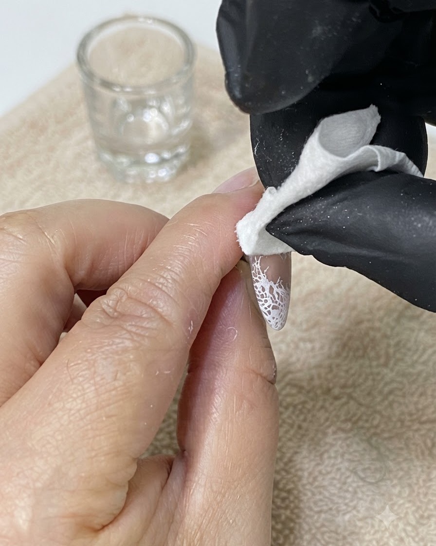 A gloved finger using a wipe to clean up excess gel polish around the edges of a manicured nail.