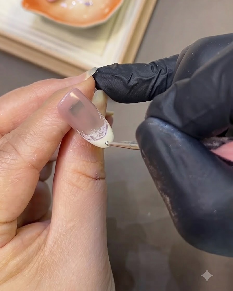 A dotting tool placing precise black polka dots along the edge of the French tip smile line.