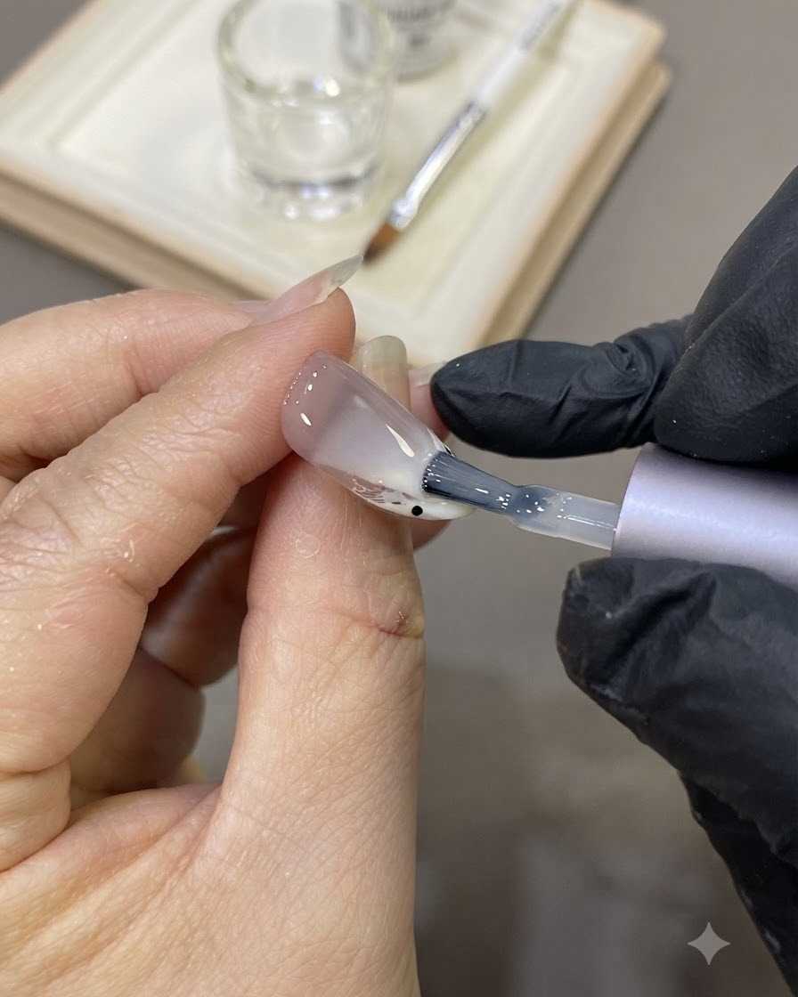 A brush applying a clear leveling layer of builder gel over the decorated nail surface.