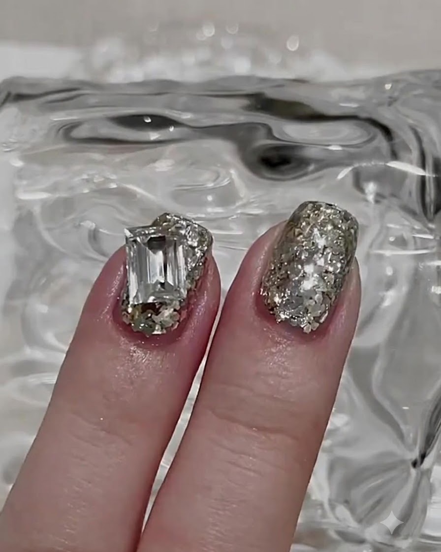 A close-up of a hand applying a clear base coat gel to fingernails with a brush.