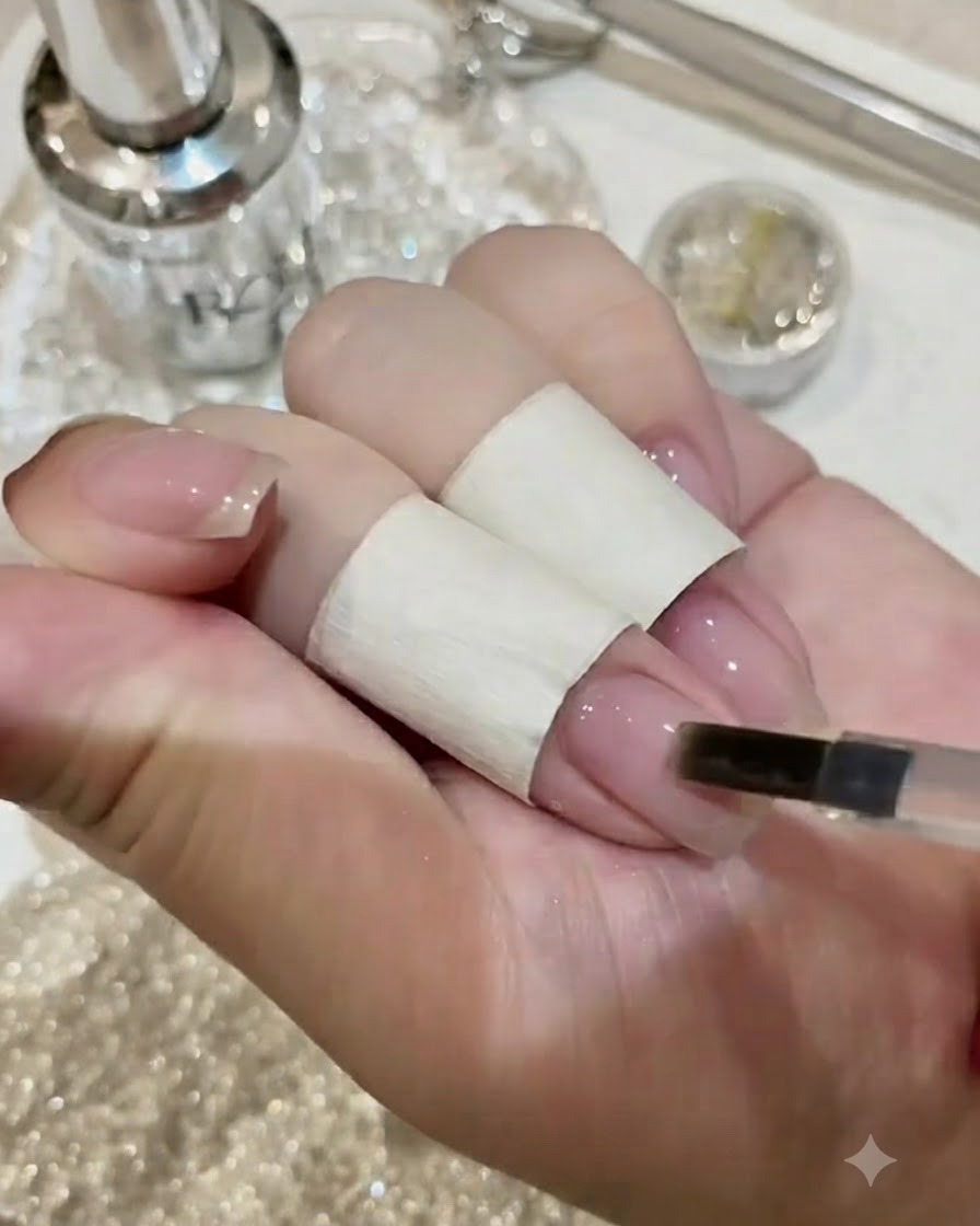 A hand using a nail file to gently smooth a specific section of the cured nail surface for gem placement.