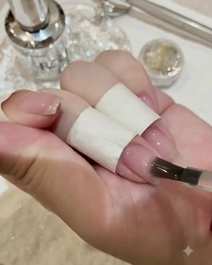 A detail brush placing a precise drop of thick rhinestone adhesive glue onto the prepared nail surface.