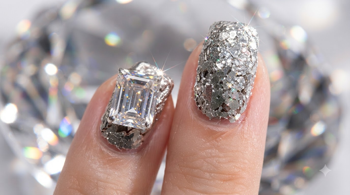 Silver Glitter and Gemstone Statement Nails — Step-by-Step Tutorial