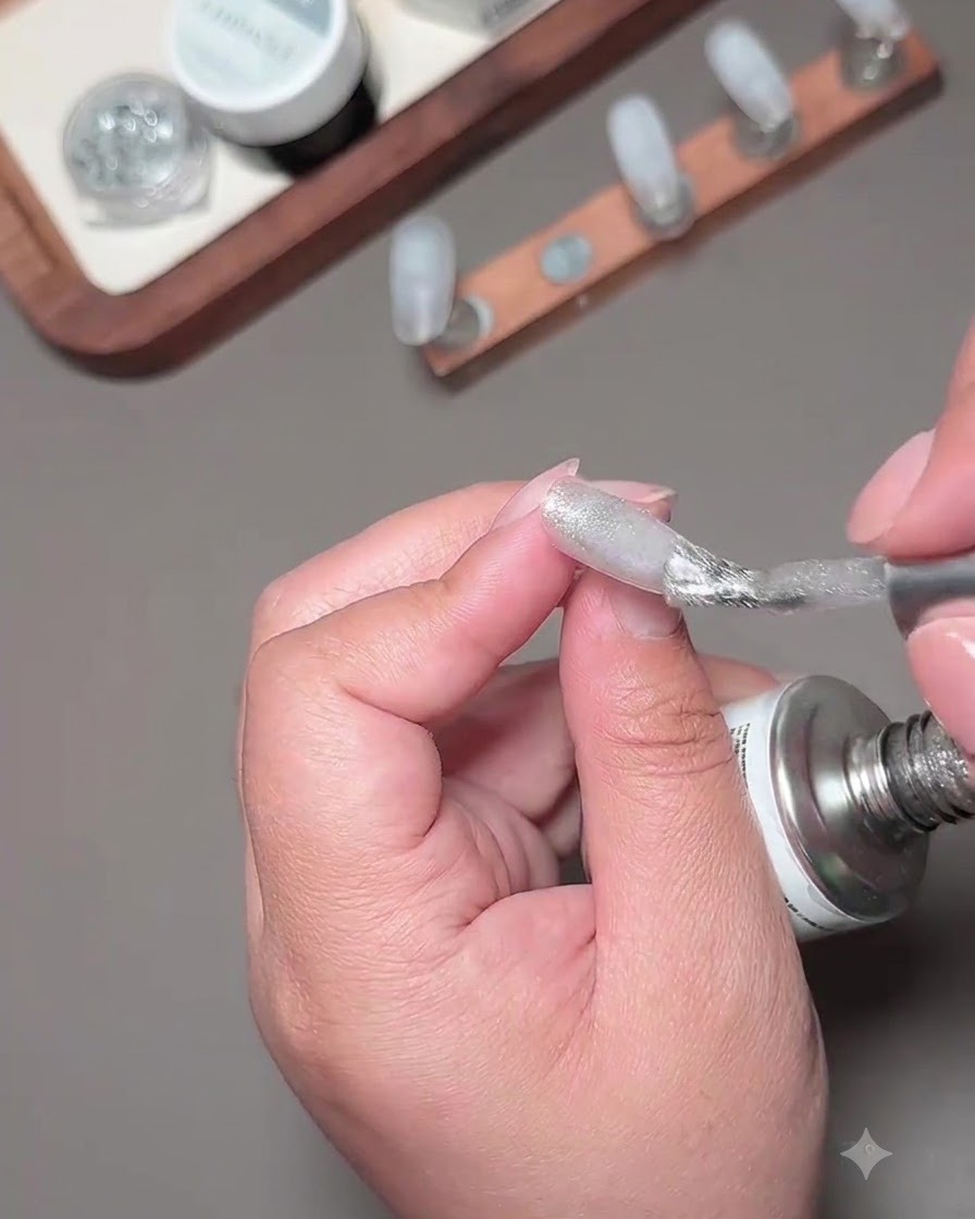 A brush applying silver fragment cat-eye gel polish over a nail tip.