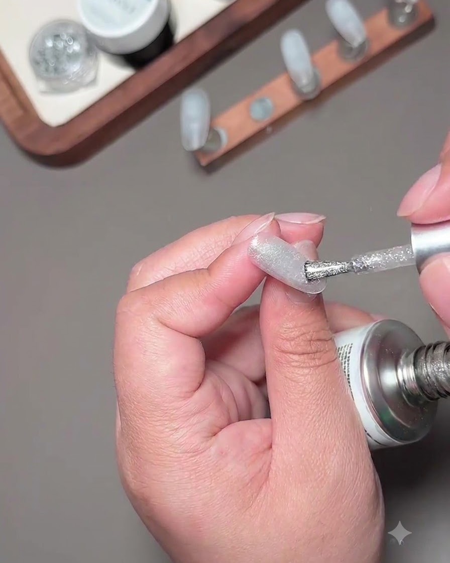A round magnet tool being held close to a cat-eye gel polished nail to concentrate the shimmer.