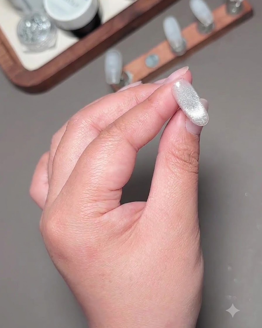 A cured cat-eye nail displaying a soft matte texture under studio lighting.