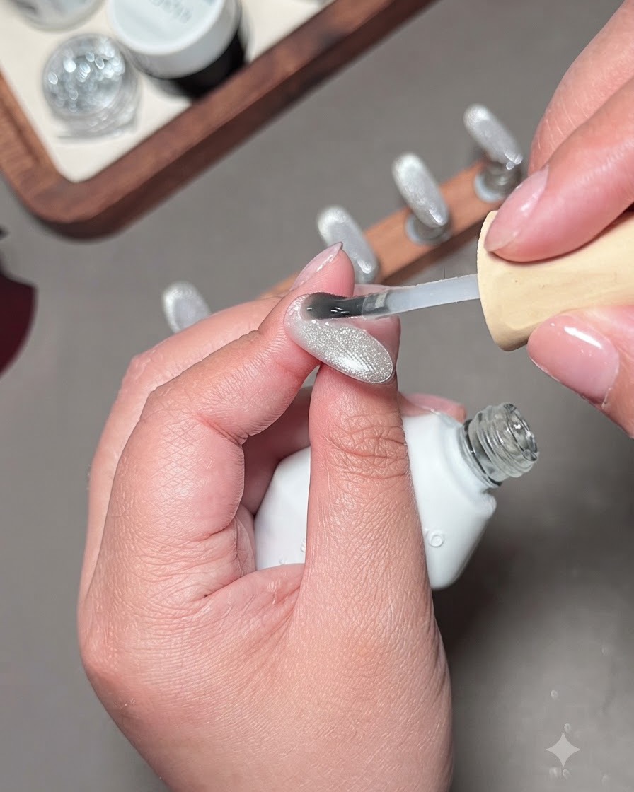 A hand applying a blue adhesive patch onto the center of a cat-eye polished nail tip.