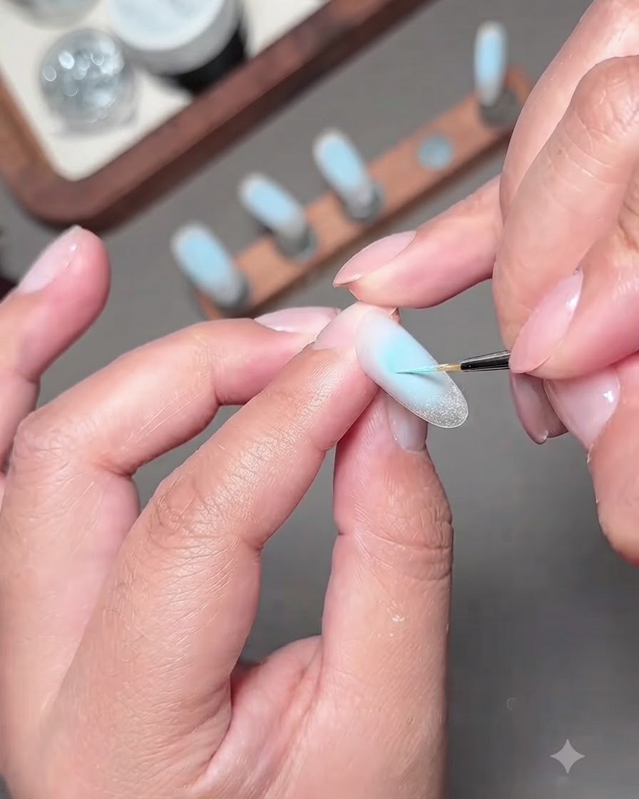 A fine nail art brush painting a delicate blue butterfly bow design on a nail surface.