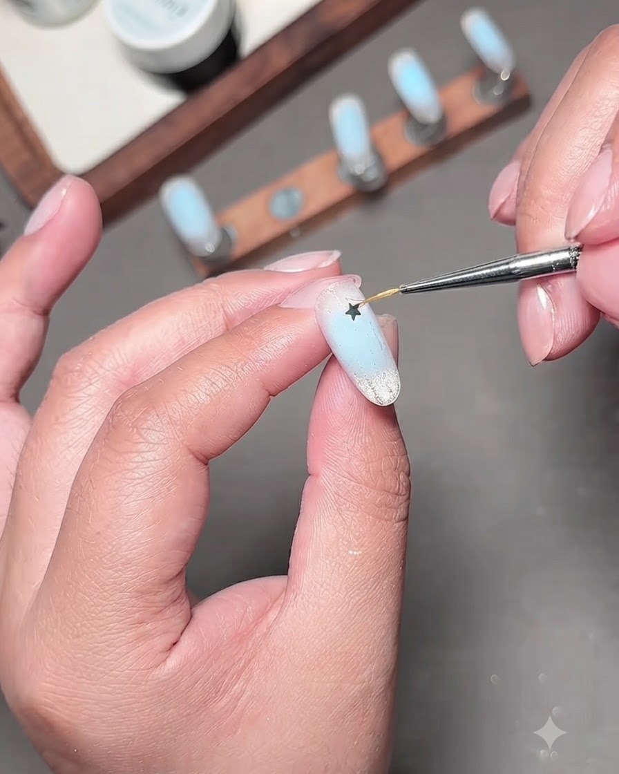 A fine detail brush placing a small silver star sequin onto the finished blue nail design.