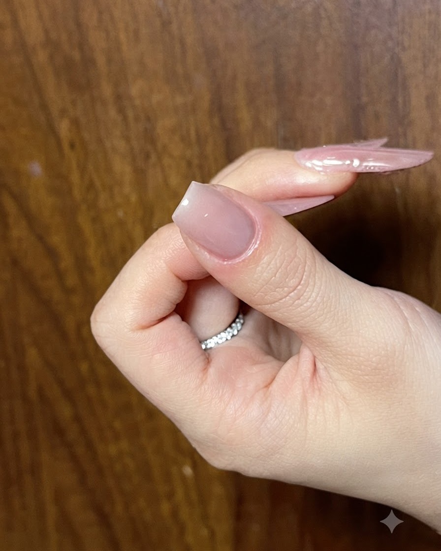 A close-up view of a hand showing a neatly shaped nail with a glossy nude gel base coat applied.