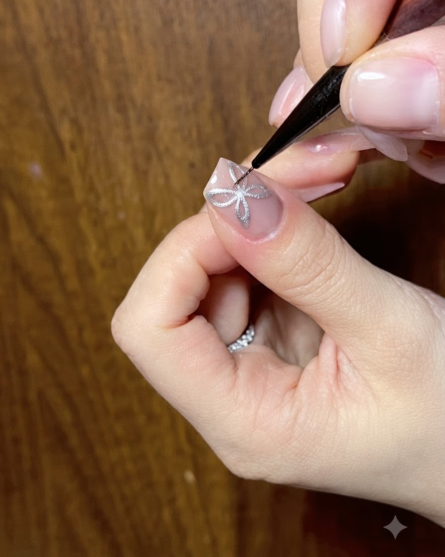 A nail artist using a fine brush to refine the intricate lines of a silver cat-eye butterfly bow design on a nail.
