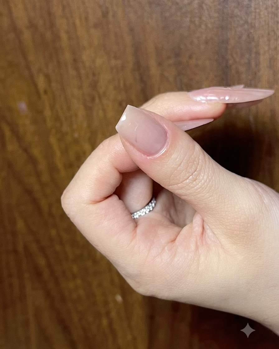 A nail under a curing lamp showing the curing process of the cat-eye gel.