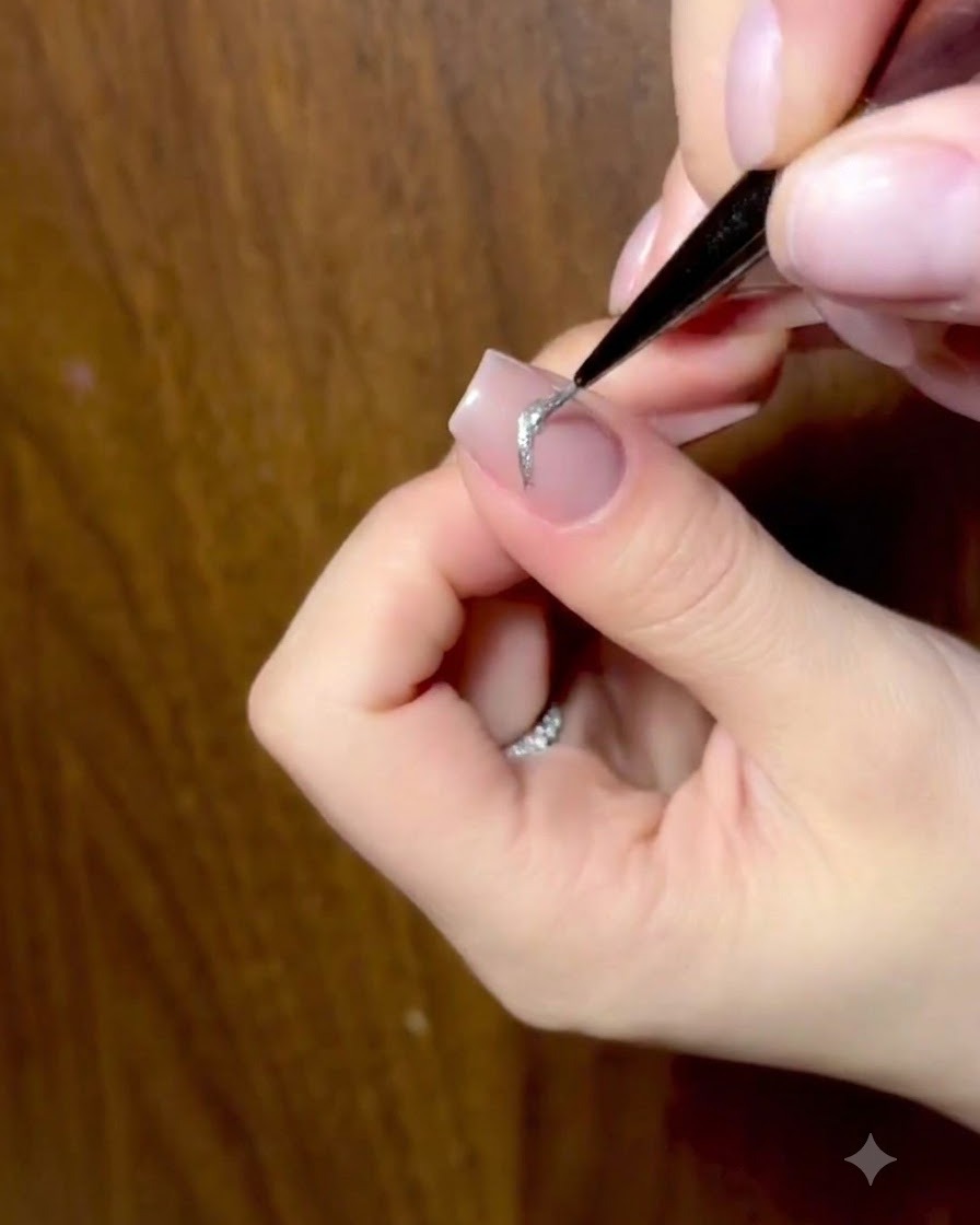 A detailed close-up of a nail technician using a fine brush to apply sparkling glitter onto a silver cat-eye butterfly bow design.