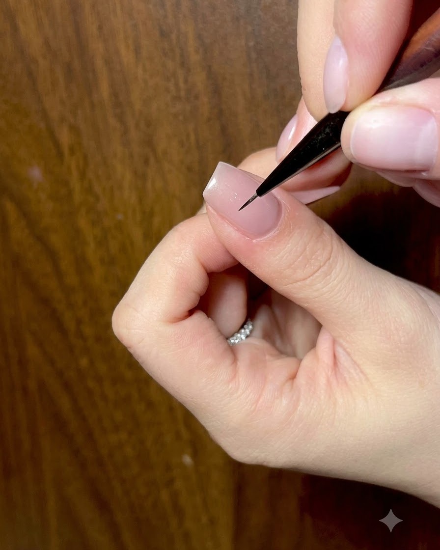 A close-up view of a brush applying a glossy top coat over the finished butterfly nail art design.