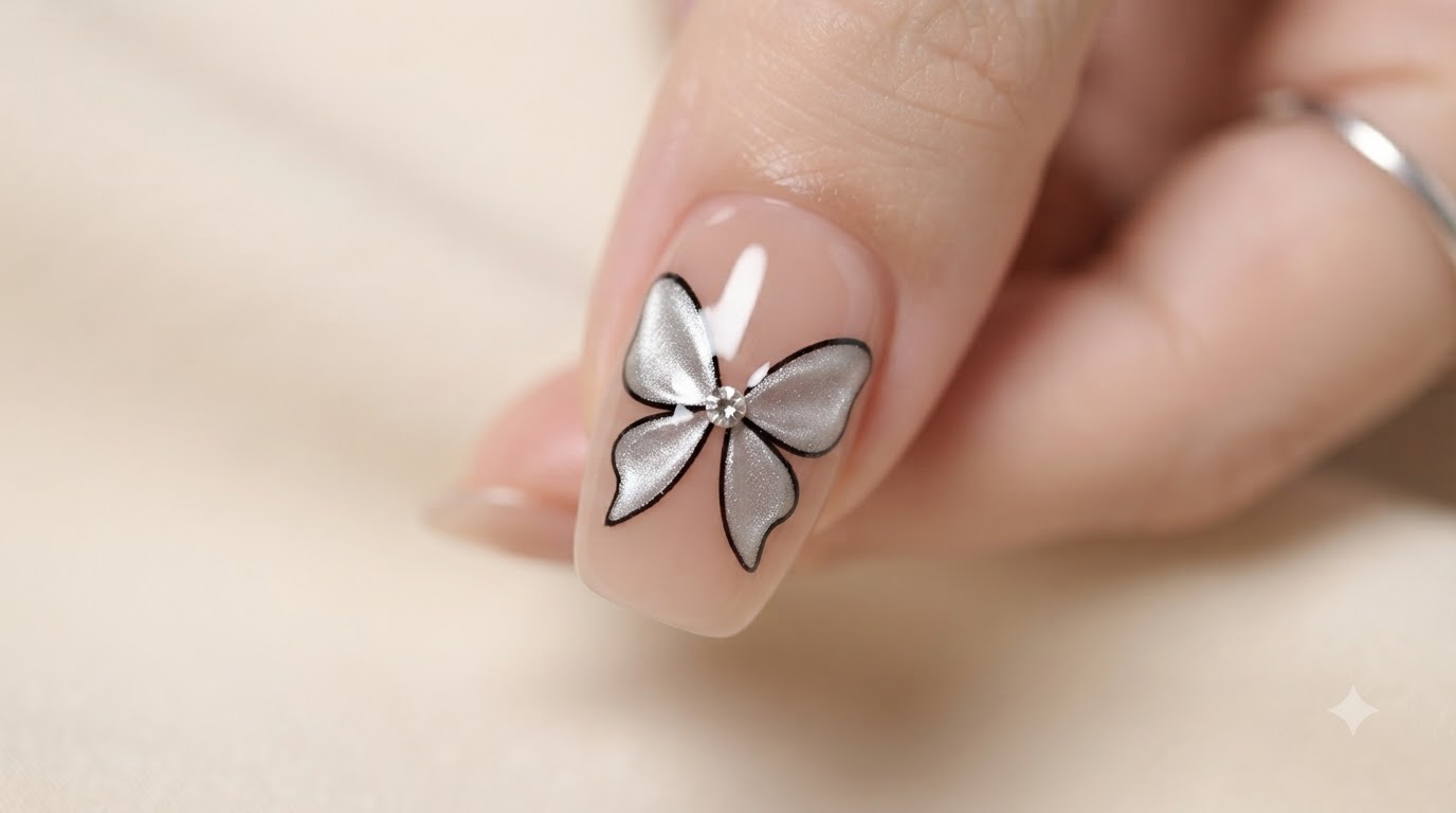 Close-up of a well-manicured fingernail featuring a silver butterfly bow design painted with cat-eye and black detailing, finished with a glossy top coat.