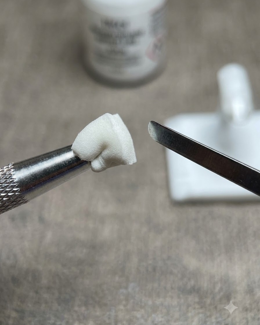 A sponge tool holding a light pink color positioned near a clear nail tip on a workstation.