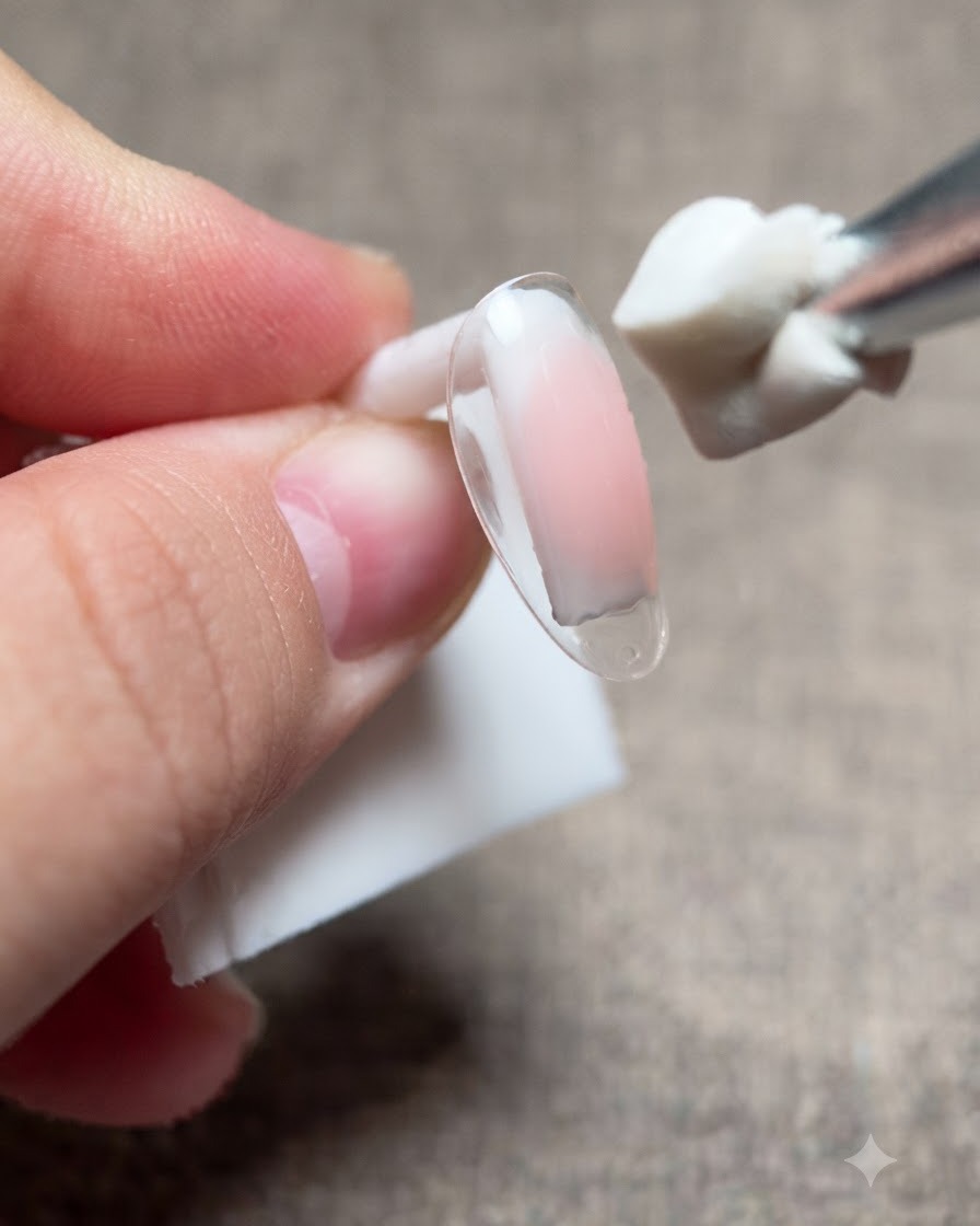 A brush applying clear base gel over the pink gradient layer on a clear nail tip.