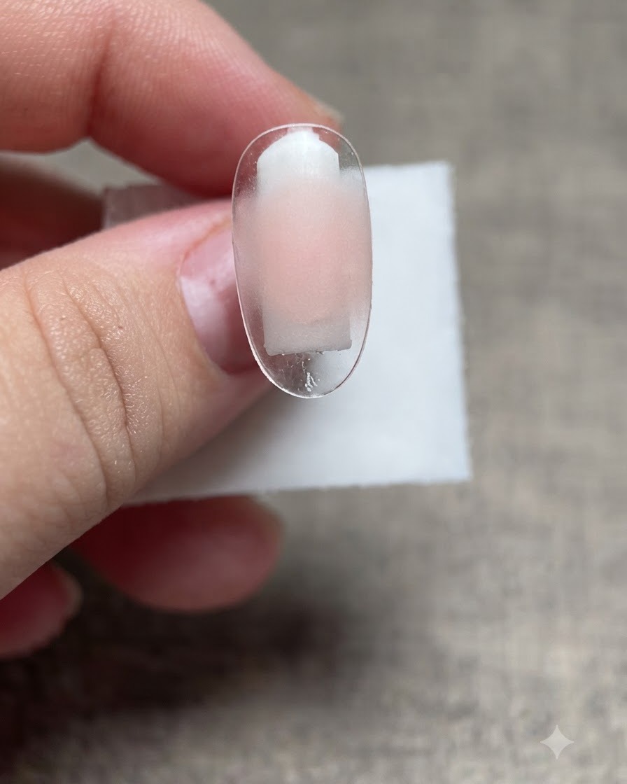 A clear nail tip showing a subtle shimmer and light-colored gel polish layer applied over the surface.