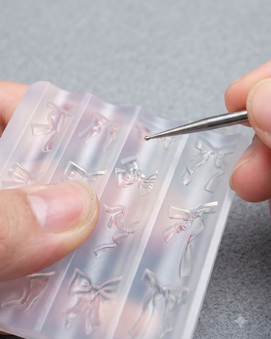 A pair of tweezers picking up a clear 3D bow element from a silicone nail art mold.