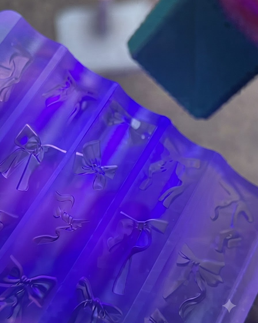 A purple silicone nail mold containing clear gel bows positioned under a bright UV lamp.