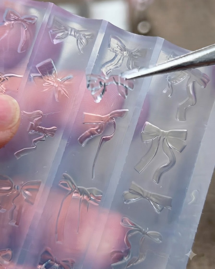 A pair of metal tweezers carefully lifting a clear, hardened 3D bow out of a silicone nail art mold.