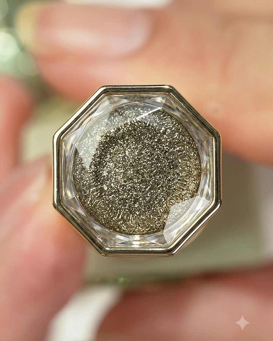 A close-up shot of a luxury gel polish bottle featuring a multifaceted faceted cap and shimmering golden glitter contents.