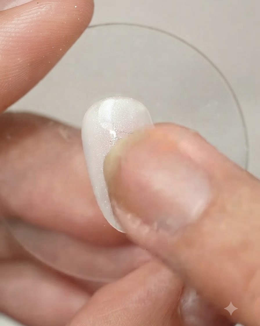 A finger using a sponge applicator to buff Baibaoxian magic powder M01 onto the shiny nail surface.