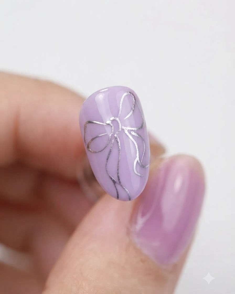 A close-up view of a completed silver bow outline cured on a light purple nail.