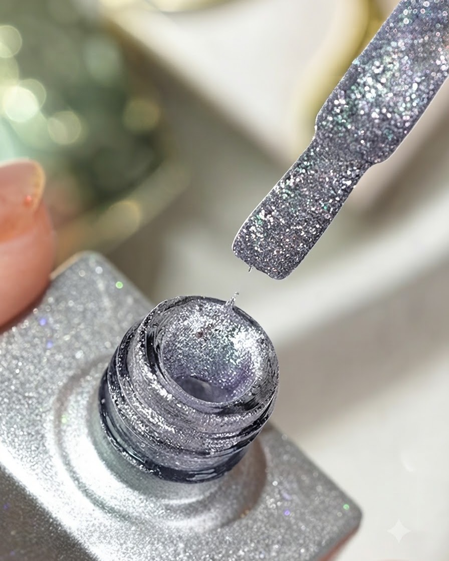 A fine nail art brush picking up silver crushed diamond gel from a bottle opening, ready for detailed applicationcite: 1.