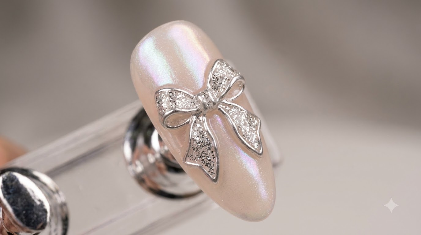 Silver Glitter Bow Nude Chrome Nail Art — Step-by-Step Tutorial