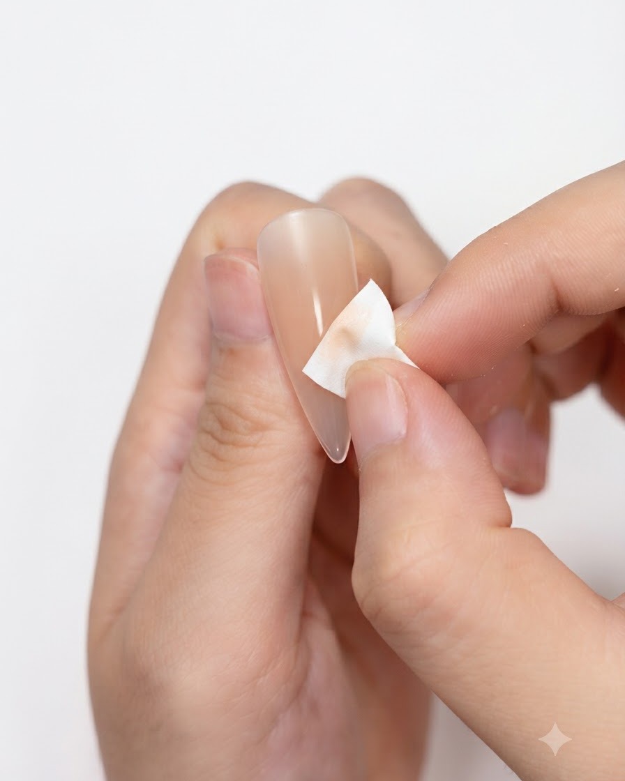 A hand wiping or applying nude adhesive near the cuticle area of an artificial nail tip.