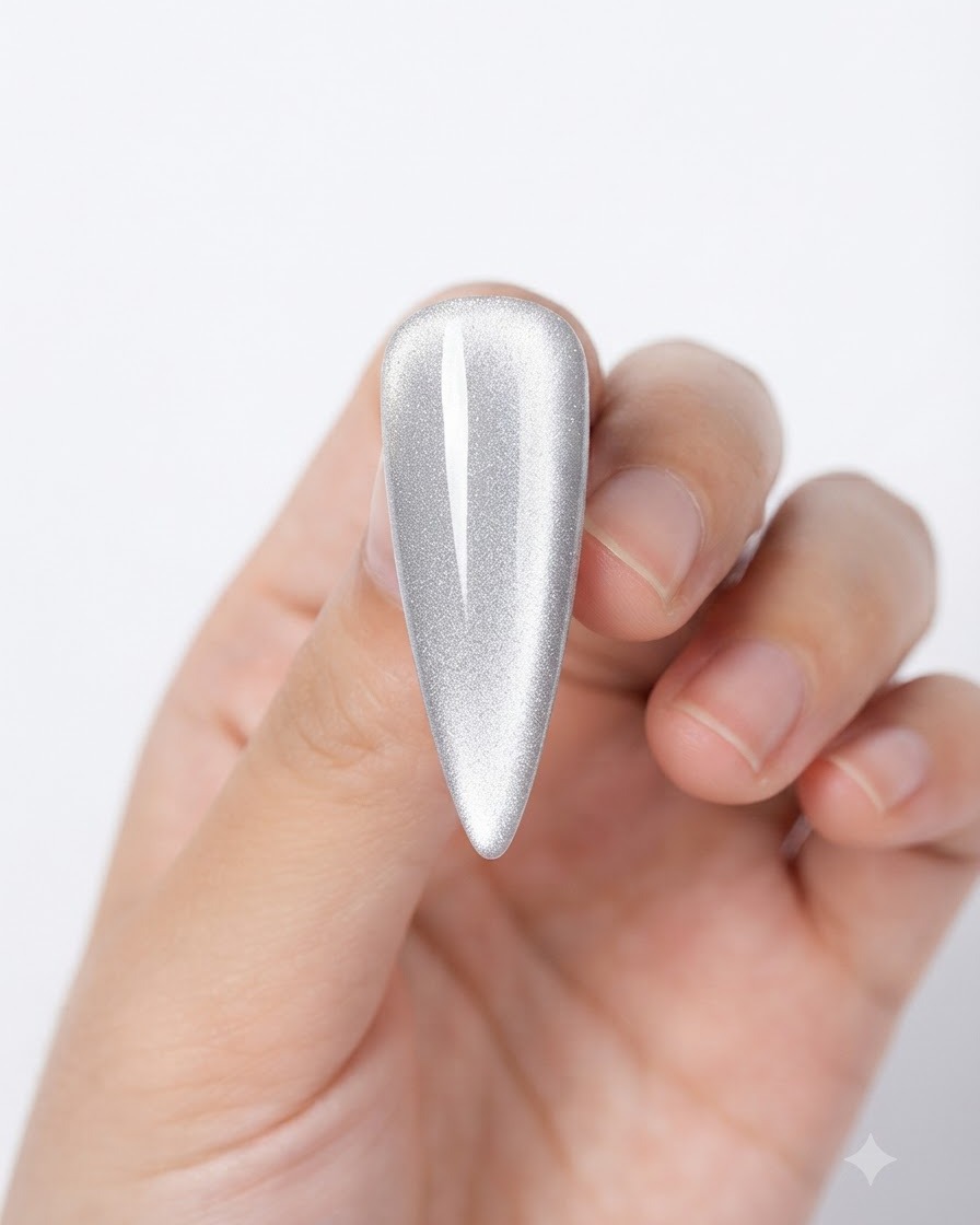 A close-up of a nail with silver cat-eye polish showing a wide highlight created with a magnet.