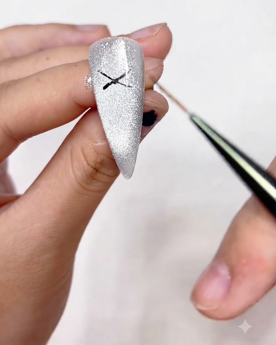 A fine liner brush connecting the tips of the previously drawn X shape to create the outline loops of a bow on a shimmering nail.