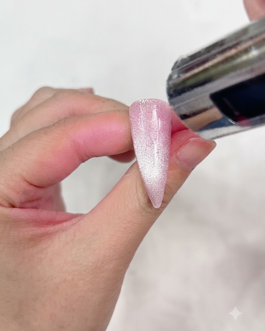 A small portable UV lamp curing a freshly painted black bow design on a shimmering pinkish-silver cat-eye nail.