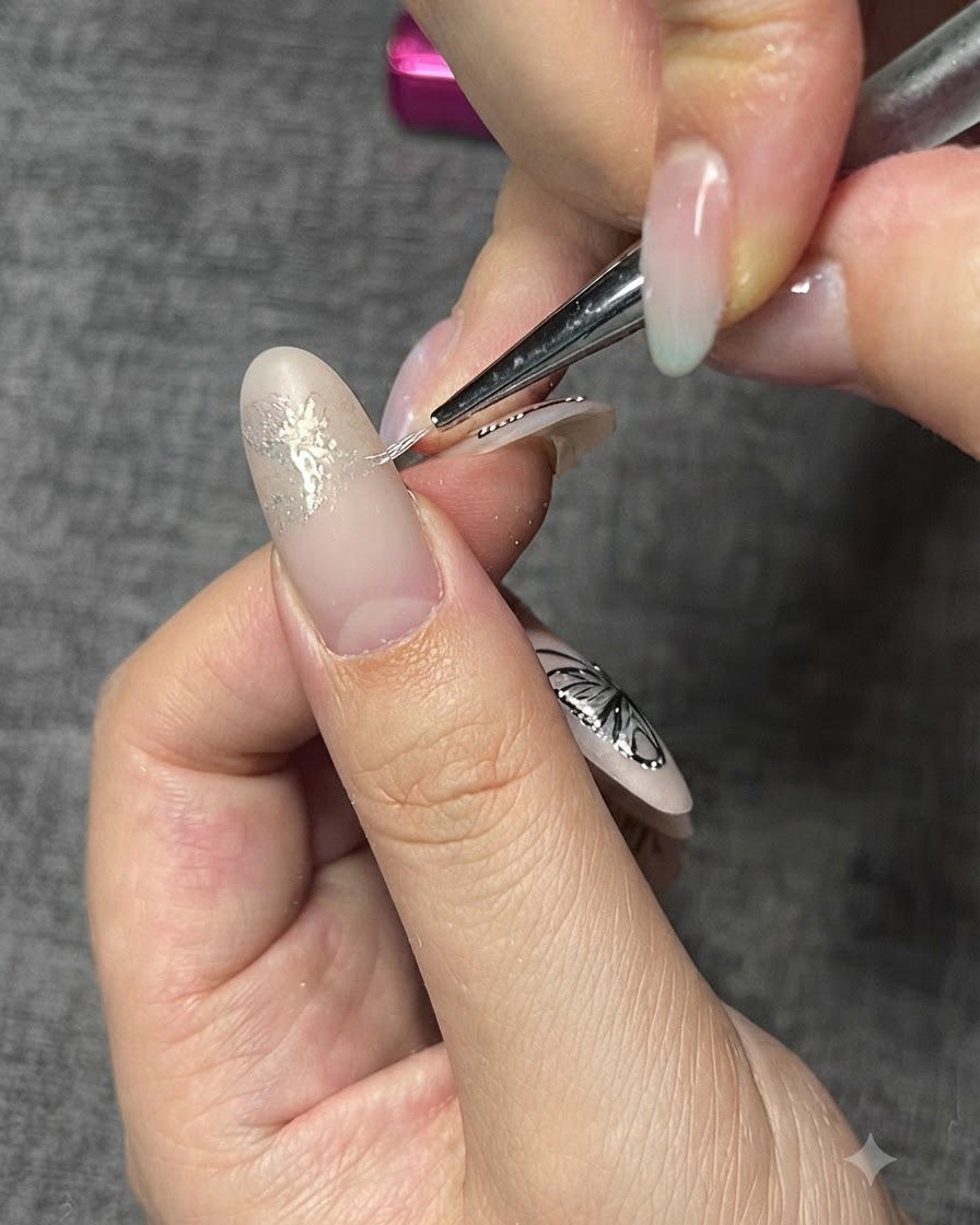 A fine liner brush working on detailed lines over the powder-coated butterfly design.