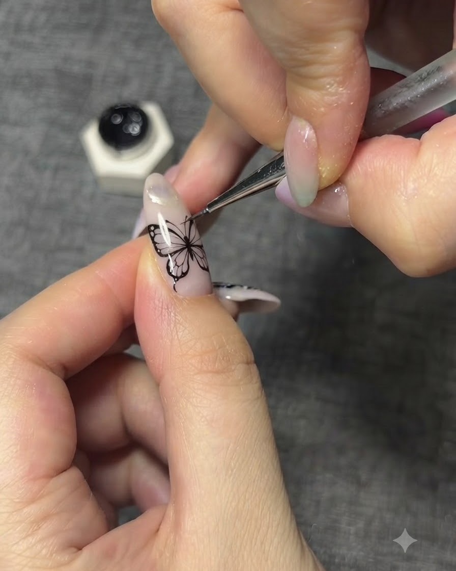 A close-up view of a nail artist refining the black outlined contours of a butterfly wing.