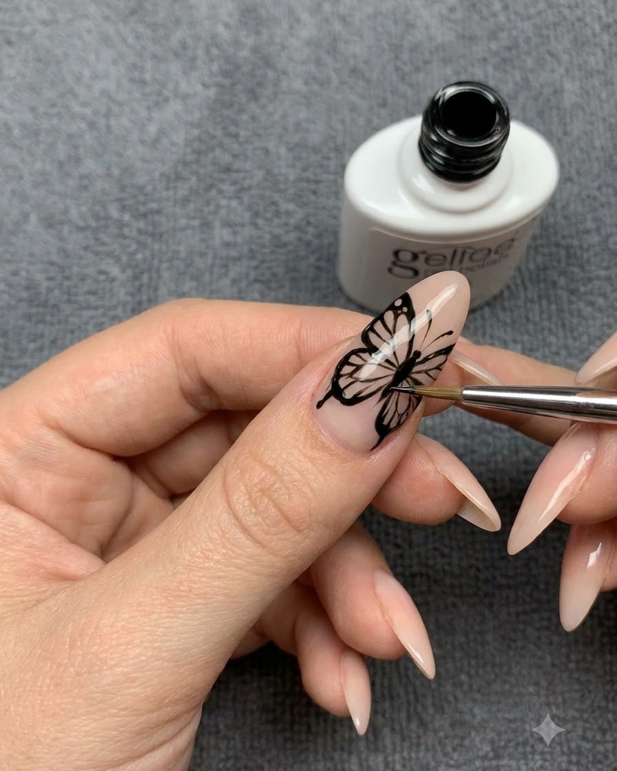 A nail artist painting fine inner vein lines inside a black butterfly wing outline.