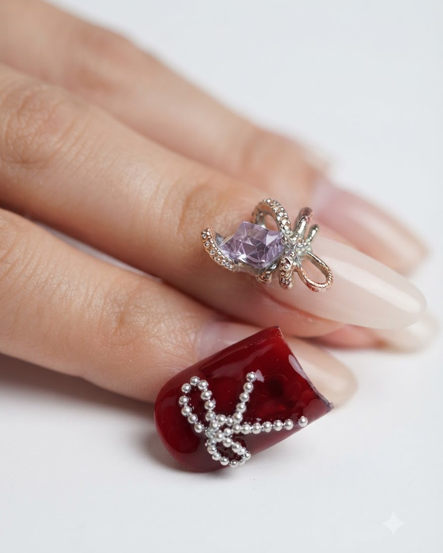 A close-up view of a red nail with a partially formed steel bead bowknot design being adjusted for symmetry.
