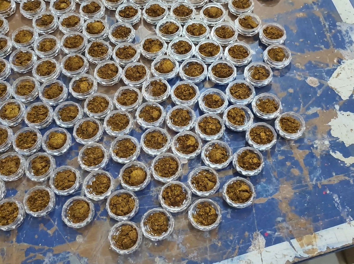 An overhead flat-lay view of numerous small transparent cosmetic jars arranged neatly on a blue workbench surface.