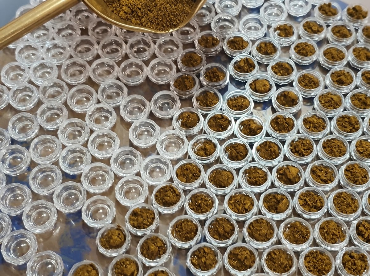 A close-up shot of a small tool applicator dipping into a large open container filled with loose bronze mirror powder.