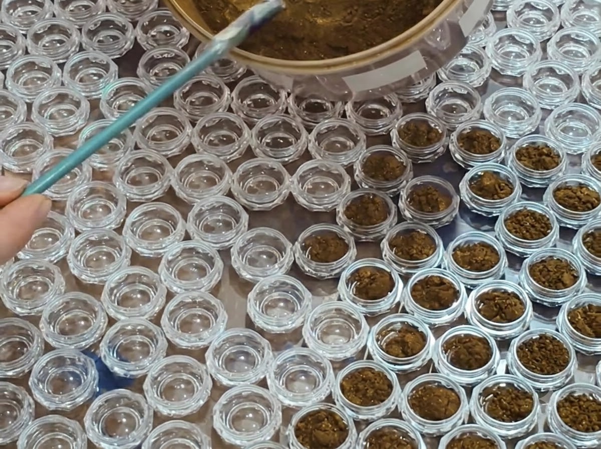 A close-up of a tool precisely depositing loose bronze pigment into the first clear container of a grid.