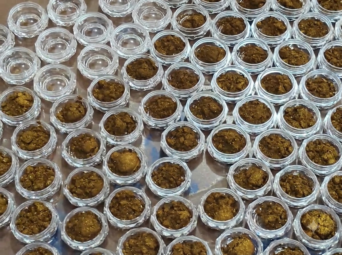 An overhead view showing a growing group of transparent jars partially and fully filled with bronze mirror powder.